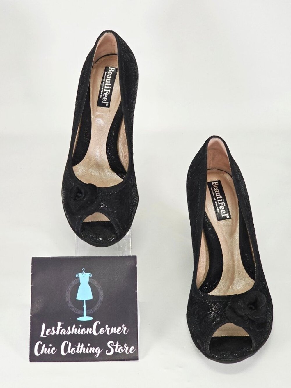 BeautiFeel Women's Black Spark Suede Glasgow Open-Toe Pump Size 7.5 2115 - Picture 2 of 16